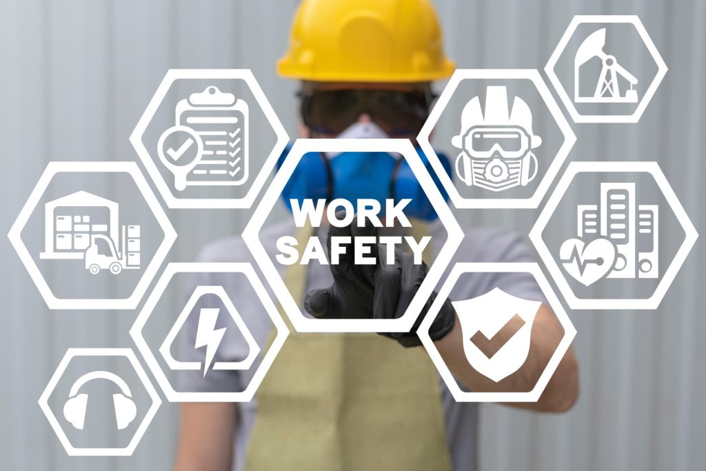 Concept of work safety. Worker health safety first requirement.