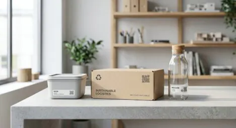 An editorial, high-quality photograph of a minimalist arrangement of sustainable packaging prototypes on a clean, white architectural surface. The scene features a sleek, recycled cardboard shipping box, a clear glass bottle, and a container made from high-quality recycled plastic, all designed with precise, efficient shapes that eliminate excess volume and empty space. On the packaging, subtle and modern universal recycling icons and a small, clean QR code are visible, representing standardized labeling. The setting is a bright, professional design studio with soft, natural daylight, emphasizing the textures of the eco-friendly materials—the fine grain of the paper and the clarity of the glass. The color palette is composed of neutral whites, soft greys, and muted forest greens, conveying a sense of environmental responsibility, industrial precision, and a circular economy. The composition is balanced and elegant, with a shallow depth of field focusing on the high-quality craftsmanship of the sustainable containers.