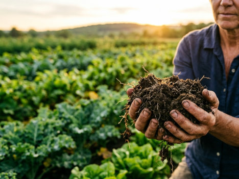 An editorial photograph of a farmer’s hands gently cradling a clump of dark, rich, moist organic soil filled with fine plant roots and earth texture. The scene is set in a thriving green agricultural field during golden hour, with warm sunlight filtering across lush, healthy crops stretching toward the horizon under a soft, clear sky. Deep focus on the rich, fertile earth in the hands, emphasizing sustainability, soil vitality, and modern ecological farming. Soft blur in the background, warm natural color palette with rich earthy brown tones and vibrant vibrant foliage.