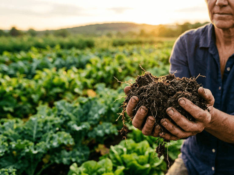 An editorial photograph of a farmer’s hands gently cradling a clump of dark, rich, moist organic soil filled with fine plant roots and earth texture. The scene is set in a thriving green agricultural field during golden hour, with warm sunlight filtering across lush, healthy crops stretching toward the horizon under a soft, clear sky. Deep focus on the rich, fertile earth in the hands, emphasizing sustainability, soil vitality, and modern ecological farming. Soft blur in the background, warm natural color palette with rich earthy brown tones and vibrant vibrant foliage.