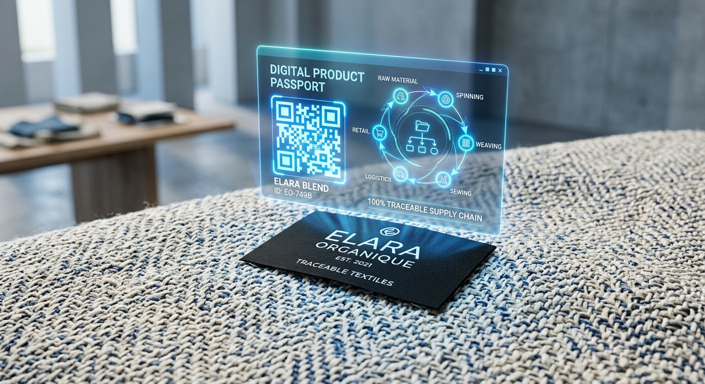 An editorial-style macro photograph of a high-quality, sustainable textile fabric with a complex weave. Hovering just above a sleek, integrated woven label is a glowing, translucent holographic interface representing a Digital Product Passport. The hologram features a stylized, luminous QR code and abstract data visualizations—such as interconnected nodes and circular flow icons—symbolizing supply chain transparency and a product's lifecycle. The background is a clean, modern, minimalist design studio with soft bokeh and professional, cool-toned lighting. The image captures a sophisticated fusion of traditional craftsmanship and futuristic digital technology, emphasizing traceability and environmental responsibility.